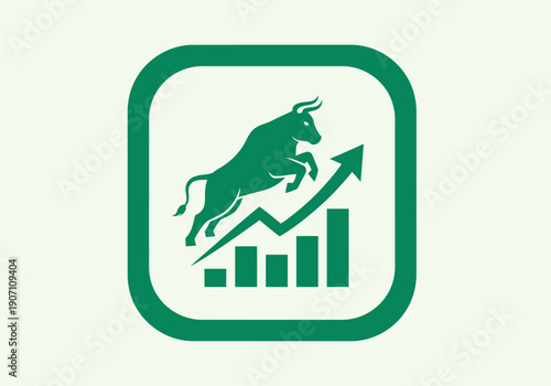 Simple flat vector app icon of bull market symbol, solid bull silhouette with upward chart arrow