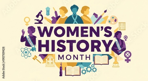 Women's History Month celebration diverse group illustration flat design purple theme