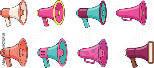 Colorful megaphone icons set, loudspeaker announcement illustration, marketing communication concept, advertising promotion equipment, public broadcast message design collection