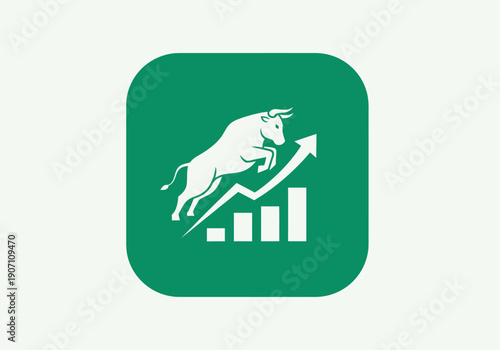 Simple flat vector app icon of bull market symbol, solid bull silhouette with upward chart arrow