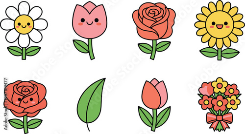 Cute kawaii flower characters vector illustration set, smiling rose tulip sunflower icons, cartoon floral collection