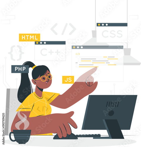 A developer working on a computer with coding windows open on the screen, surrounded by programming symbols and a cup of coffee on the desk.