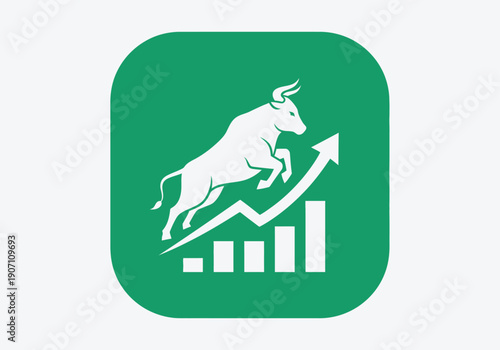 Simple flat vector app icon of bull market symbol, solid bull silhouette with upward chart arrow