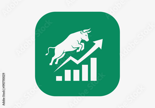Simple flat vector app icon of bull market symbol, solid bull silhouette with upward chart arrow