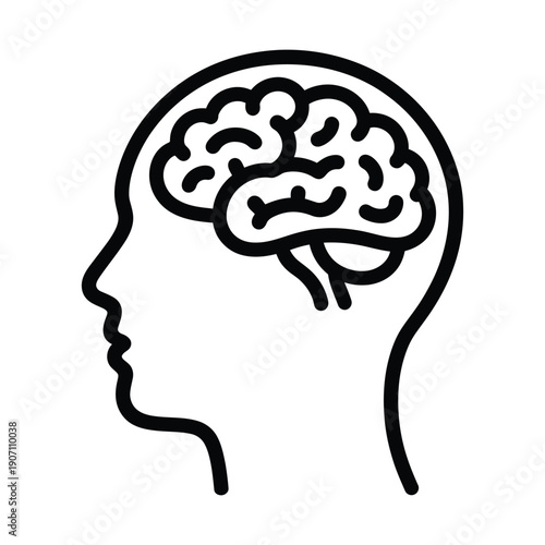 A black line drawing of a human head in profile with brain visible