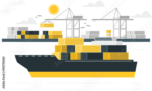 Cargo ship loaded with containers being unloaded at a busy port during the day with cranes in operation
