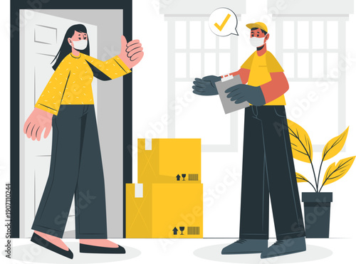 Delivery person handing a package to a customer at the doorstep with a thumbs up