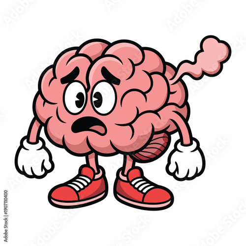 A cartoon illustration of an annoyed pink brain character wearing red sneakers standing