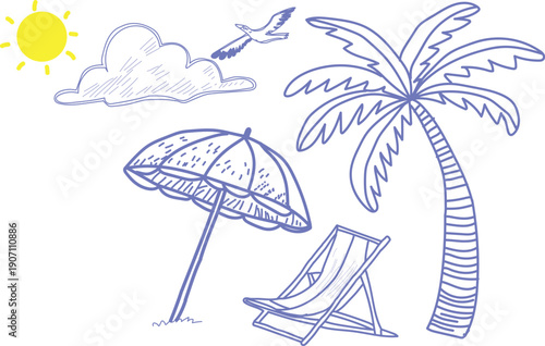 Collection of charming hand drawn blue ink sketches depicting essential tropical vacation elements including a sun shaded beach umbrella a relaxing deck chair a tall palm tree and a soaring seagull ov