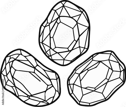 Three abstract, geometric, crystalline structures, outlined in black