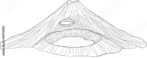 Stylized sketch of a volcano with two craters, one above the other