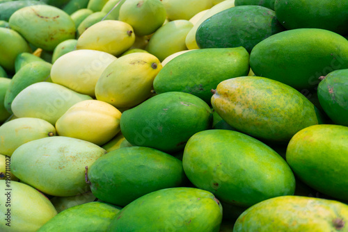 Vászonkép Fresh green and yellow mangoes stacked together at a local market