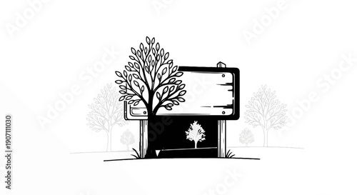 Stylized sketch of a wooden signpost with a tree growing through it and other trees in the background