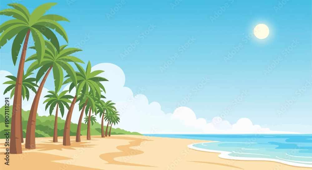 Fototapeta premium Sunny beach with palm trees, gentle waves, and blue sky