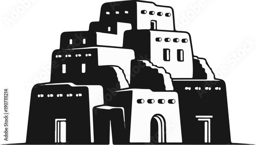 Stylized, stepped adobe buildings with dark and light contrast, representing a village