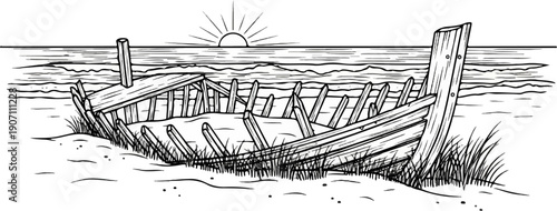 Sun sets on a beached, decaying wooden shipwreck, weathered by time