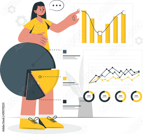 A woman analyzes business charts and graphs on a digital screen with various statistical data and trends.