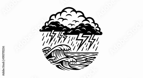 Stylized storm clouds, lightning, rain, and waves in a circular emblem