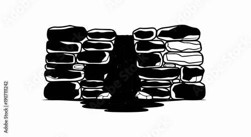 Stylized stone waterfall with black and white outline and shading