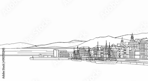 Stylized sketch of a European harbor with sailing ships and hills