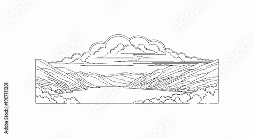Stylized sketch of a calm lake nestled between rolling hills under a cloudy sky