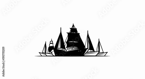 Stylized silhouette of multiple sailing vessels in a cluster