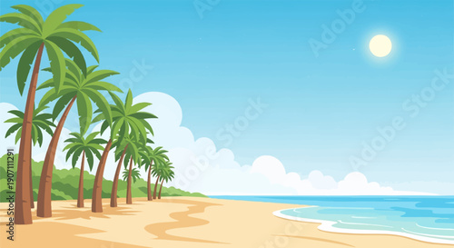 Sunny beach with palm trees, gentle waves, and blue sky