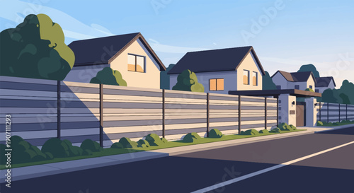 Sunny afternoon on a quiet residential street with modern homes