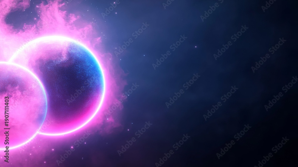 Fototapeta premium Electric magenta binary star system with blue planets orbiting in cosmic space