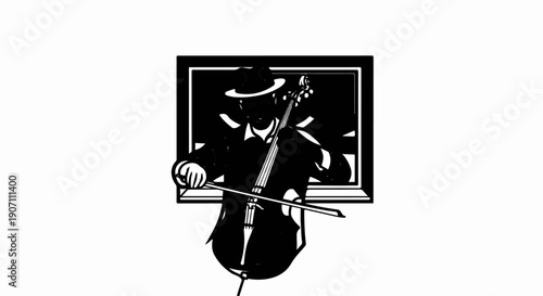 Stylized silhouette of a person in a hat playing a cello