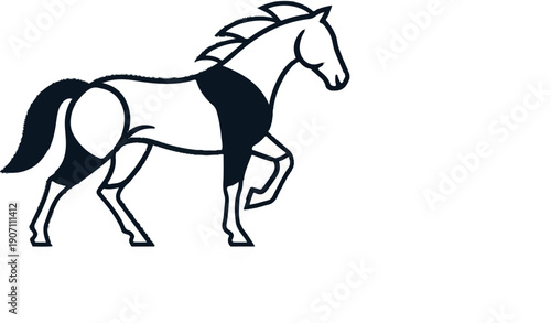 Stylized silhouette of a horse in motion, outlined in dark blue and white