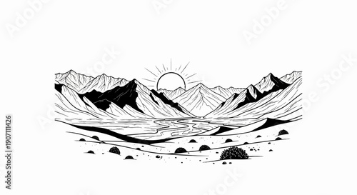 Sunrise over a rugged mountain valley with a winding river and arid foreground