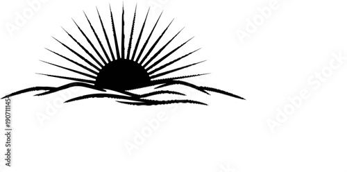 Stylized sunrise over abstract wavy horizon, graphic icon