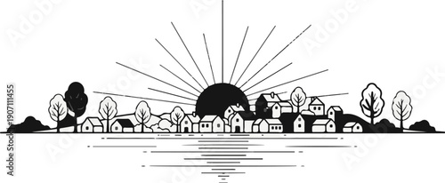 Stylized sunrise over a village nestled by the water