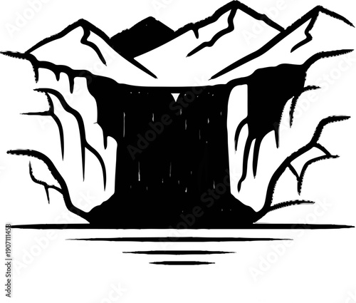 Stylized monochrome depiction of a dramatic waterfall cascading down rocky cliffs into serene water