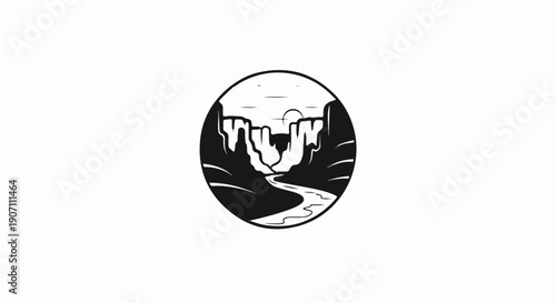 Stylized silhouette of a canyon with a winding river and setting sun