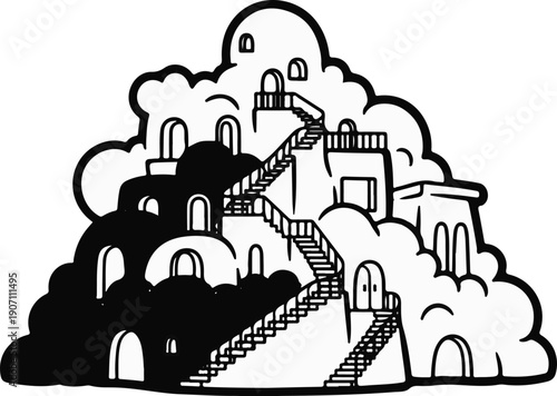 Surreal dreamlike village with winding stairs and arched doorways