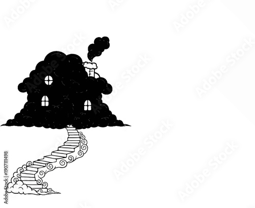 Surreal dark house perched on clouds, accessed by swirling stairs