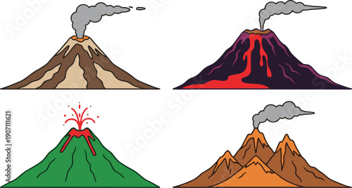Set of four flat volcano vector icons with erupting lava, smoke, and mountain peaks isolated on white background for educational science projects.