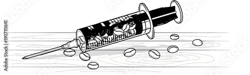 Syringe filled with coffee beans rests on wooden planks with scattered beans