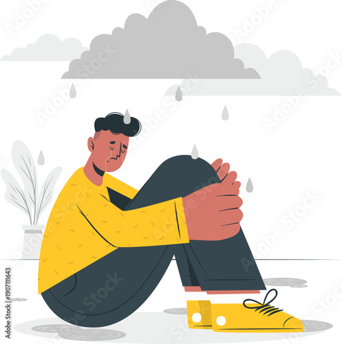 A person sitting on the ground with their head in their knees on a rainy day