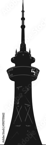 Tall, dark observation tower with multiple platforms and spire