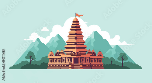 Stylized temple with tiered roof stands majestically against misty mountains