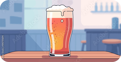 Tall glass of amber beer with frothy head sits on wooden bar, pub background