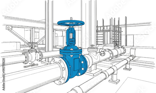 Technical illustration of industrial piping system with a prominent blue valve