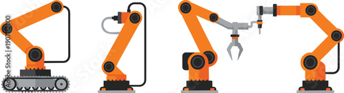 Set of flat design industrial robotic arm vector illustrations featuring orange automated machinery on tracks and stationary bases for factory manufacturing and technology.