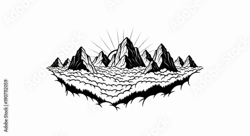 Stylized mountain range emerging from clouds with sun rays