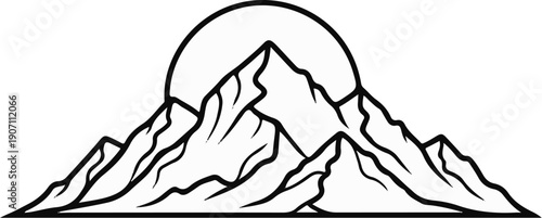 Stylized mountain range silhouetted against a large, bright sun at dawn