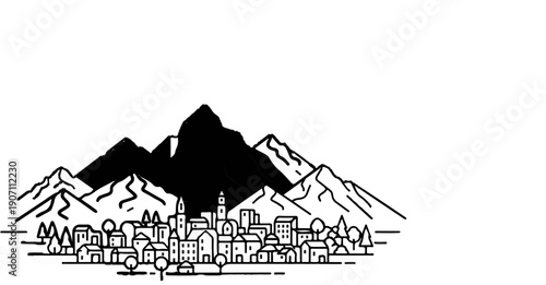 Stylized mountainous landscape with a village and trees in black and white