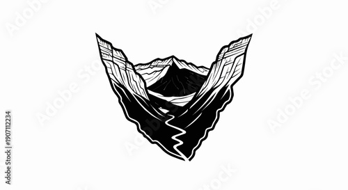 Stylized mountainous landscape with a river and peaks